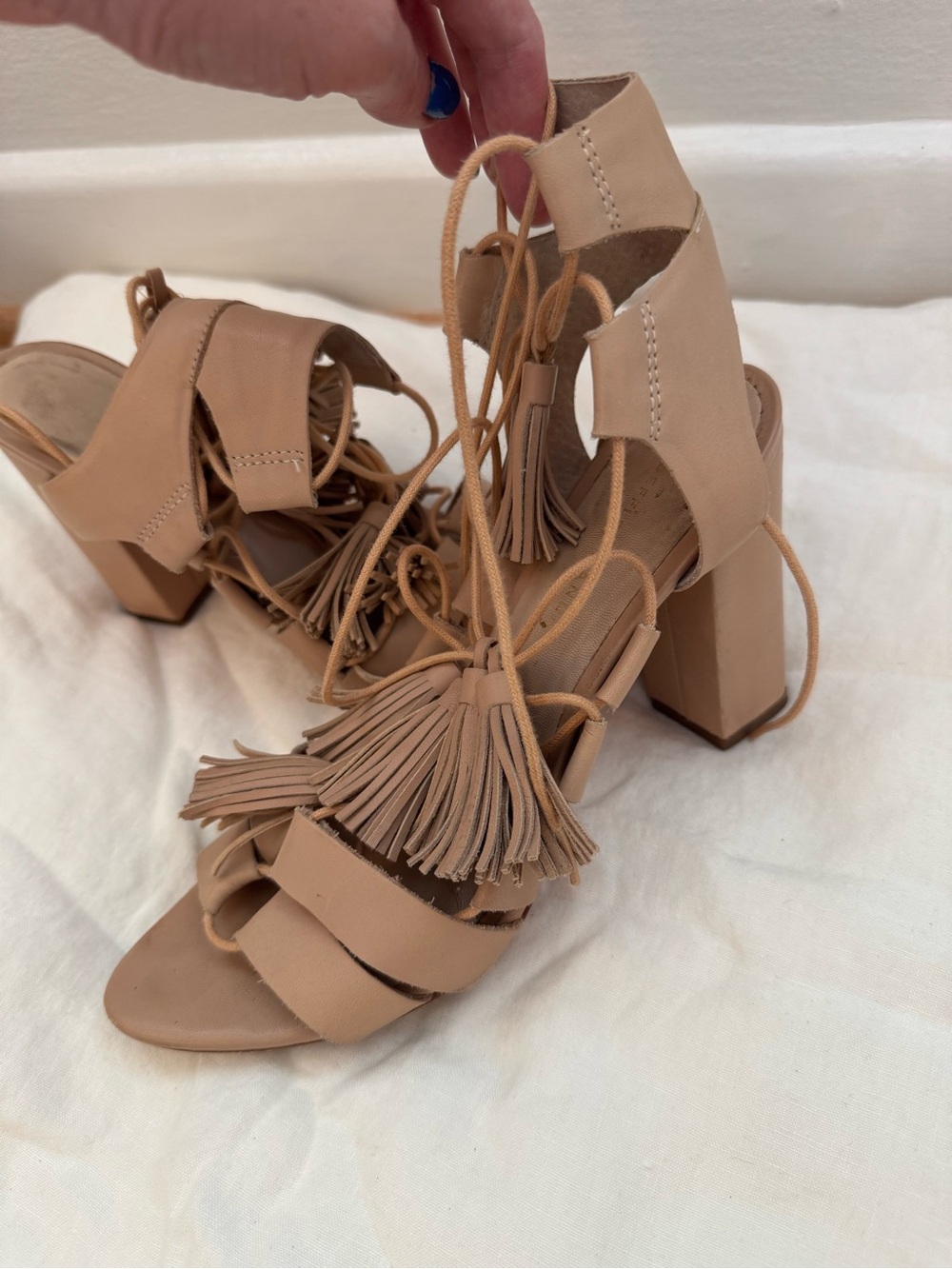 Loeffler Randall Nude Tassel Lace-Up Block Heel Sandals
